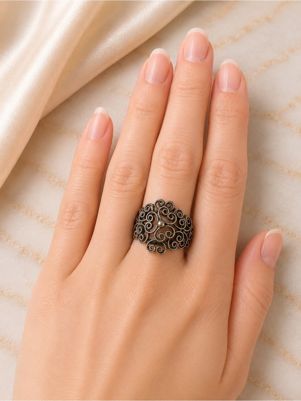 Vintage Oxidized Silver Tone Filigree Scroll Adjustable Statement Ring